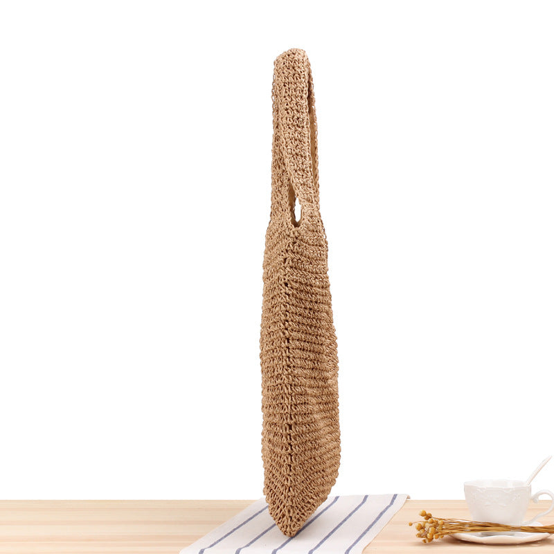 Hand Woven Brown Beige Straw Shoulder Bag for Women
