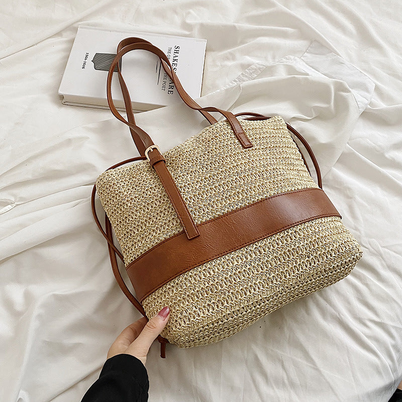 Women's One Shoulder Patchwork Straw Woven Bag