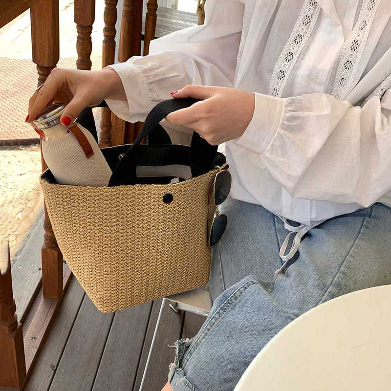 Woven Grass Straw Tote Bag - Beach Bucket Style