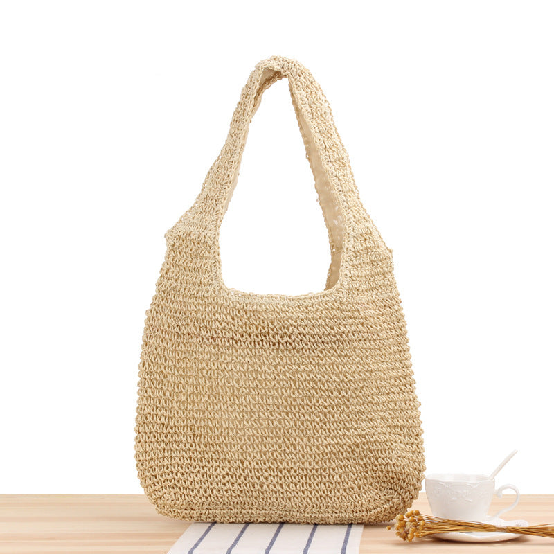 Hand Woven Brown Beige Straw Shoulder Bag for Women