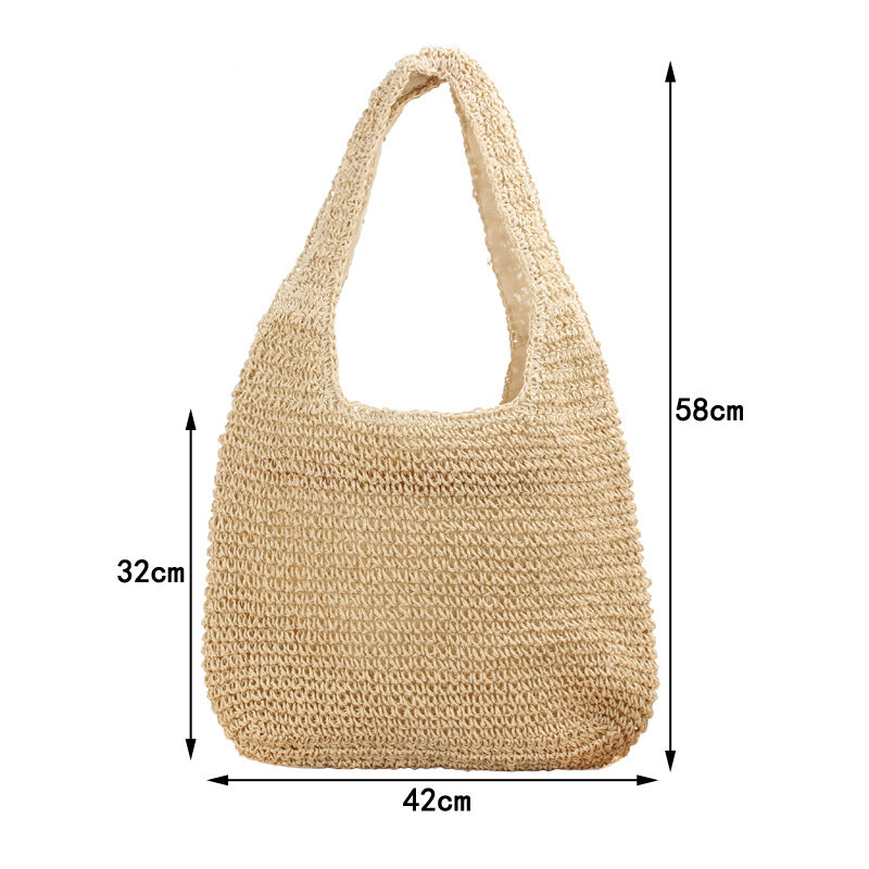 Hand Woven Brown Beige Straw Shoulder Bag for Women