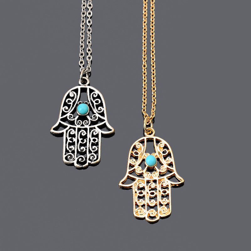 Zhuang Zhou New Turquoise Hamsa Hand Necklace 3055