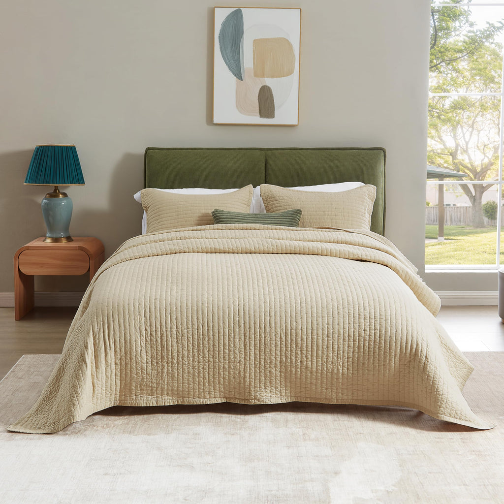 PUREKEA Quilt Set King Size Bedspread Quilted Bedding Set Reversible Lightweight Coverlet Set for All Season 3 Pieces (Beige 1 Quilt 2 Pillow Shams)